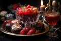 Retro setting with chocolate drenched strawberries in antique silver trays, engagement, wedding and anniversary image