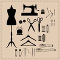 Retro sewing kit icon set. Black vintage sewing kit icons. Royalty Free Stock Photo