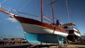Retro ship under restoration. A wooden colorful ship stands on land. Repair of the ship. Bay
