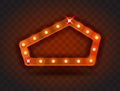 Retro SHOW TIME pentagon frame signs realistic vector illustration. Red pentagon frame with electric bulbs for