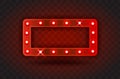 Retro SHOW TIME rectangle frame signs realistic vector illustration. Red rectangle frame with electric bulbs for