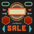 Retro Showtime Signs Design Elements Set. Bright Billboard Signage Light Bulbs, Frames, Arrows, Icons, Neon Lamps. Royalty Free Stock Photo