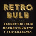 Retro sign alphabet. 3D vintage light bulb type letters and numbers.