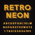 Retro sign alphabet. 3D vintage neon letters and numbers. Signboard font.