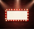 Retro signboard with lights. Advertising banner on brick wall. Show or circus advertising. Vector illustration