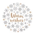 Retro simple Christmas card with golden snowflakes on white background. Winter snowflakes in circle shape with lettering