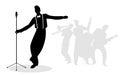 Retro singer `crooner` silhouette with musicians in the backgrou