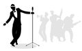 Retro singer `crooner` silhouette with musicians in the background