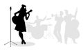 Retro singer woman guitarist silhouette with musicians Royalty Free Stock Photo