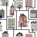 Retro sity seamless pattern. Town street flat vector with houses, commercial, public buildings . Vector stock