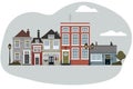 Retro sity. Town street flat vector with low-rise houses, commercial, public buildings in various architecture styles