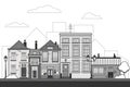 Retro sity. Town street flat vector with low-rise houses, commercial, public buildings in various architecture styles