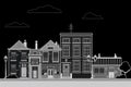 Retro sity. Town street flat vector with low-rise houses, commercial, public buildings in various architecture styles