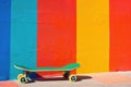 retro skateboard leaning against a brightly colored wall