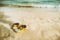 Retro slippers on tropical beach in summer Royalty Free Stock Photo