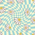 Retro Smile Chamomile Seamless Pattern on 1970 Wavy Swirl Seamless Pattern. Hippie Aesthetic. Royalty Free Stock Photo