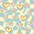 Retro Smile Chamomile Seamless Pattern on 1970 Wavy Swirl Seamless Pattern. Hippie Aesthetic. Royalty Free Stock Photo