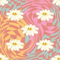 Retro Smile Chamomile Seamless Pattern on 1970 Wavy Swirl Seamless Pattern. Hippie Aesthetic.