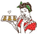 Retro smiling housewife cooking chocolate chip cookies in hands. Pin up vector color graphic illustration woman in the kitchen