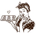 Retro smiling housewife cooking chocolate chip cookies in hands. Pin up vector graphic illustration woman in the kitchen isolated