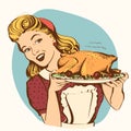 Retro smiling housewife cooks roasted turkey in the kitchen.Vect