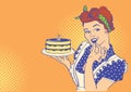 Retro smiling housewife holding big cake in her hand.Vector pop art