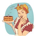 Retro smiling housewife holding big cake in her hands.Vector color illustration Royalty Free Stock Photo