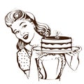 Retro smiling housewife holding big cake in her hands.Vector graphic illustration Royalty Free Stock Photo