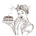 Retro smiling housewife holding big cake in her hands.Vector graphic illustration