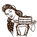 Retro smiling housewife holding plate of sweet cake in the kitchen. Pin up vector graphic illustration isolated on white