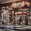 A retro soda fountain with nostalgic soda jerk uniforms and vintage soda dispensers1