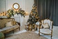 Retro sofa. Chair. Christmas tree and fireplace