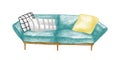 Retro sofa hand drawn vector illustration. Room furnishing, home interior item. Soft settee, couch with cushions drawing