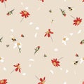 Retro Soft and gentle pretty daisy floral print blowing in the wind design with bumble bees seamless pattern in vector for