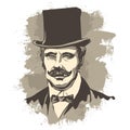 Retro solid businessman with mustache, in a bow tie and hat top hat