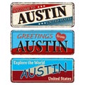 Vintage tin sign collection with US. AUSTIN City. Retro souvenirs or old paper postcard templates on rust background