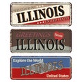 Vintage tin sign collection with US. Illinois State. Retro souvenirs or old paper postcard templates on rust background Royalty Free Stock Photo