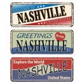Vintage tin sign. Nashville. Retro souvenirs or old postcard templates on rust background.