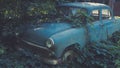 Retro Soviet blue car overgrown with grass. Classic car rusting in a farmer`s field