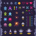 Retro space arcade game. Invaders spaceship, pixel invader monster and retro video games pixel art isolated objects