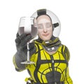 Retro space astronaut is doing a have a good one meme pose holdin a glass of wine