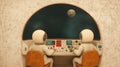 Retro space exploration: astronauts control spaceship with moon view