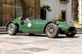 Retro sport car Jaguar. Green vintage automobile. Show near the Reconquista hotel