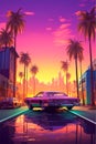 Retro sport car among the palm trees and buildings with backdrop of the sunset in the city Royalty Free Stock Photo