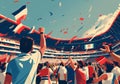 Retro sports poster depicts a big event in Paris at the Parc des Princes stadium during summer under a clear sky. French tricolor. Royalty Free Stock Photo
