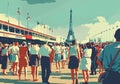 Retro sports poster depicts a big event in Paris at the Parc des Princes stadium during summer under a clear sky. French tricolor. Royalty Free Stock Photo