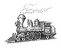 Retro steam locomotive transport sketch. Hand drawn vintage vector illustration Royalty Free Stock Photo