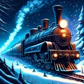 Retro steam locomotive in the winter forest. Christmas illustration. AI generated Royalty Free Stock Photo