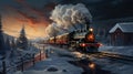 Retro Steam Powered Train Moving Through Winter Snow Covered Forest extreme closeup. Generative AI