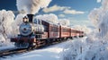 Retro Steam Powered Train Moving Through Winter Snow Covered Forest extreme closeup. Generative AI